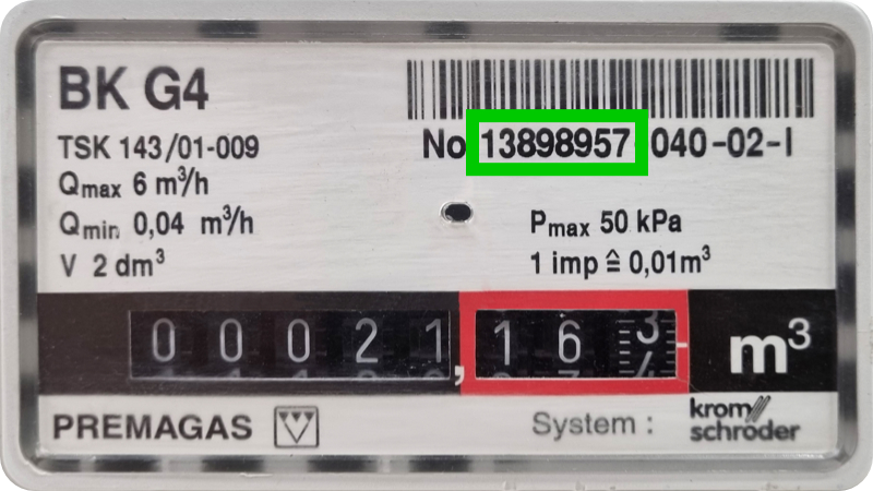 Výrobní číslo plynoměru